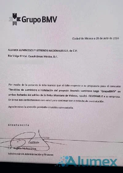 Carta Recomendación Grupo Bolsa Mexicana De Valores - Anuncios Luminosos México ALUMEX