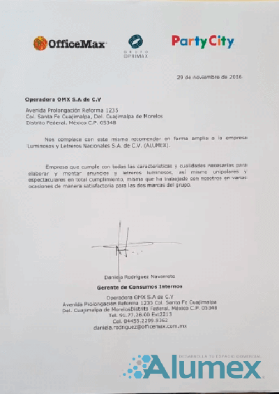 Carta Recomendación Univerisad Siete seis siete - Anuncios Luminosos México ALUMEX