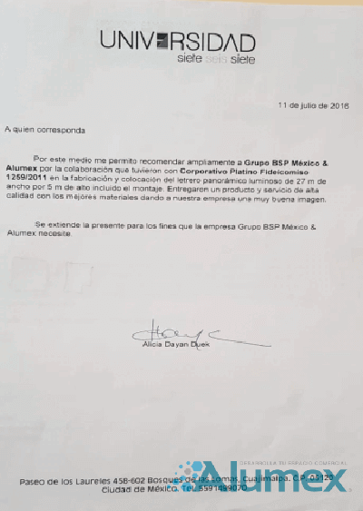 Carta Recomendación Grupo AFORE - Anuncios Luminosos México ALUMEX